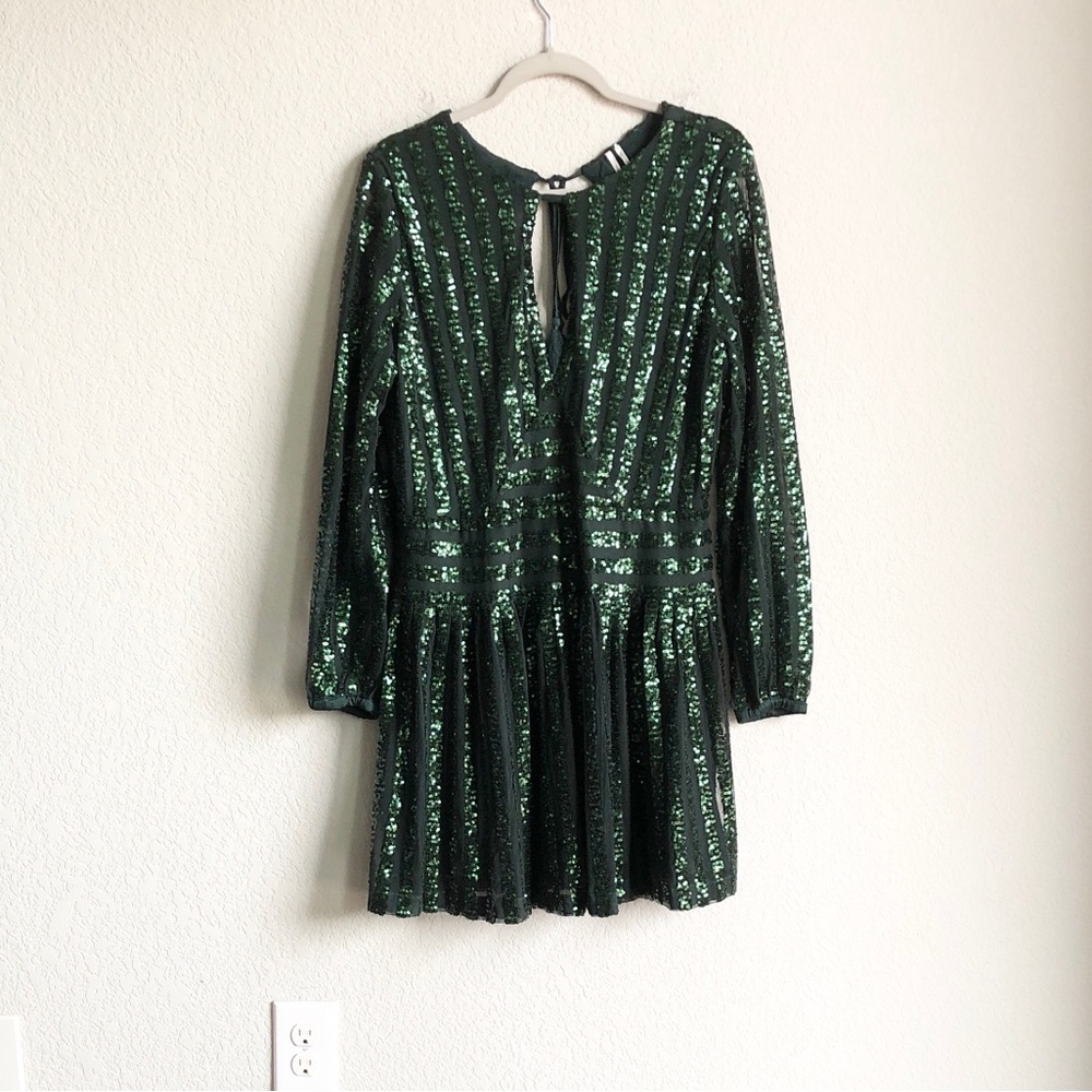 Anthropologie Green Sequin Open Back Party Dress Long Sleeve Mini Stripe 10